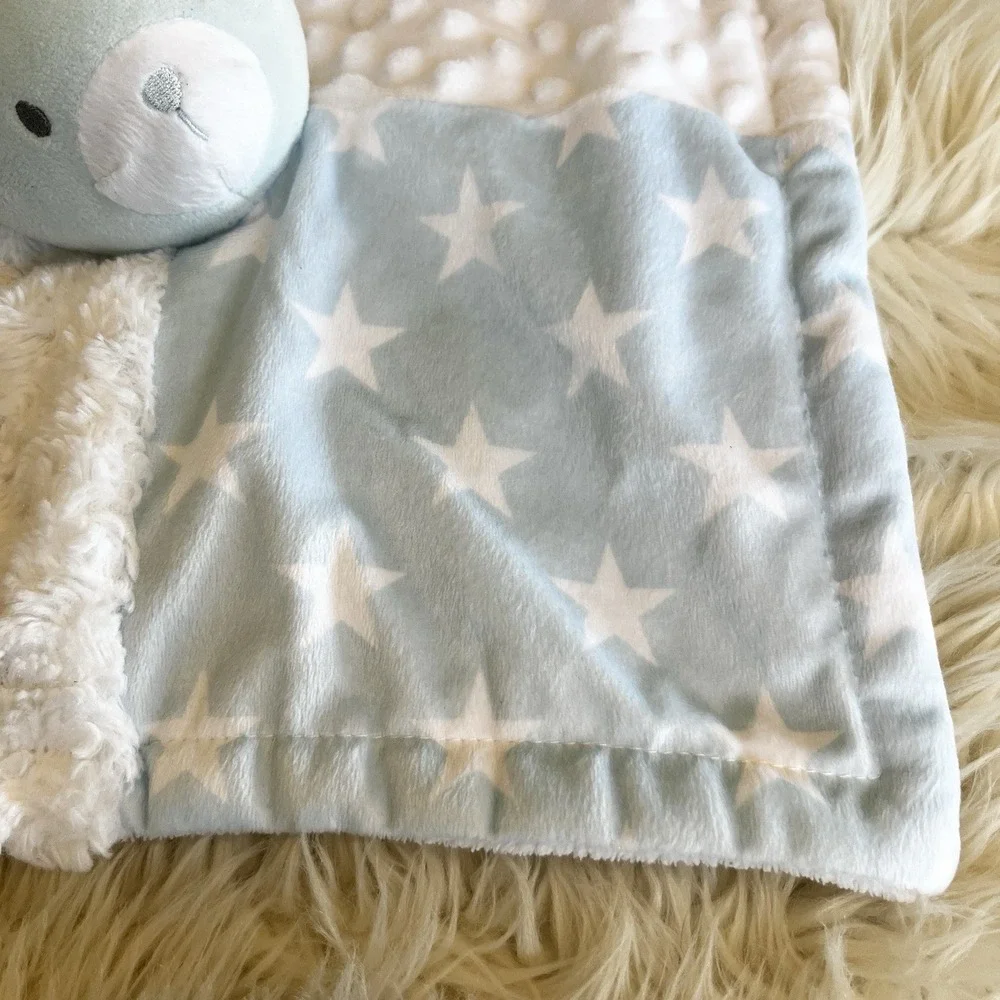 Baby Essentials Teddy Bear Plush Lovey Blue & White Stars Minky Security Blanket